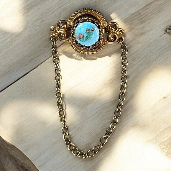 Mid-Century Painted Enamel Floral Brooch Ornate Gold Frame with Chain Drape - Picture 2 of 5